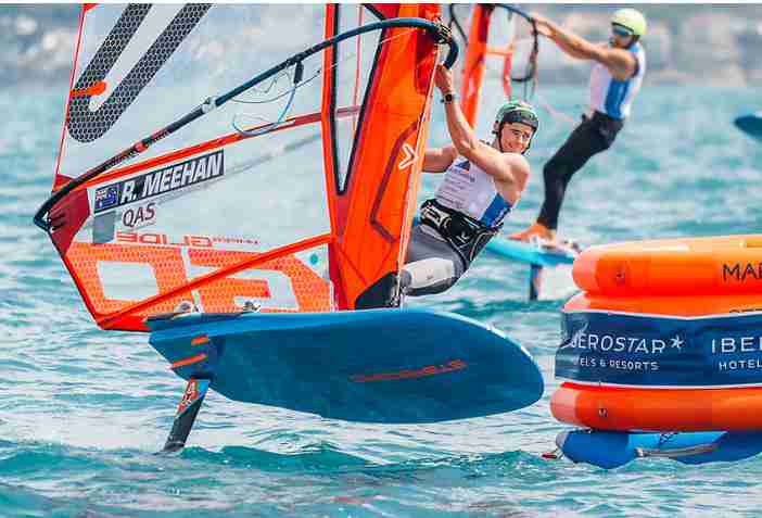 Rory Meehan RQYS Windsurfer Competing at the 2024 Princess Sofia in Mallorca Spain, Tight turns around a marker